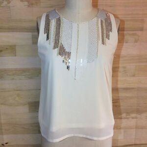 Cien Women Cream Chiffon Cami w/Silver/Cream Sequin/Beaded Front Detail Lined-Sm